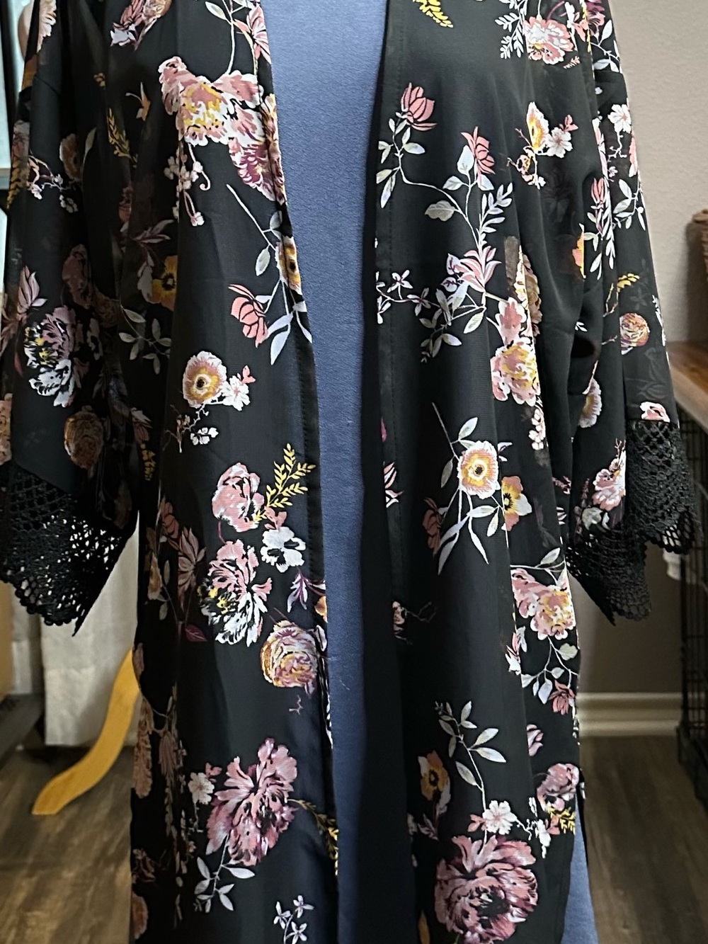 Black with Pink & Yellow Floral Lace-Trim Kimono Robe with a Smokey Blue Dress